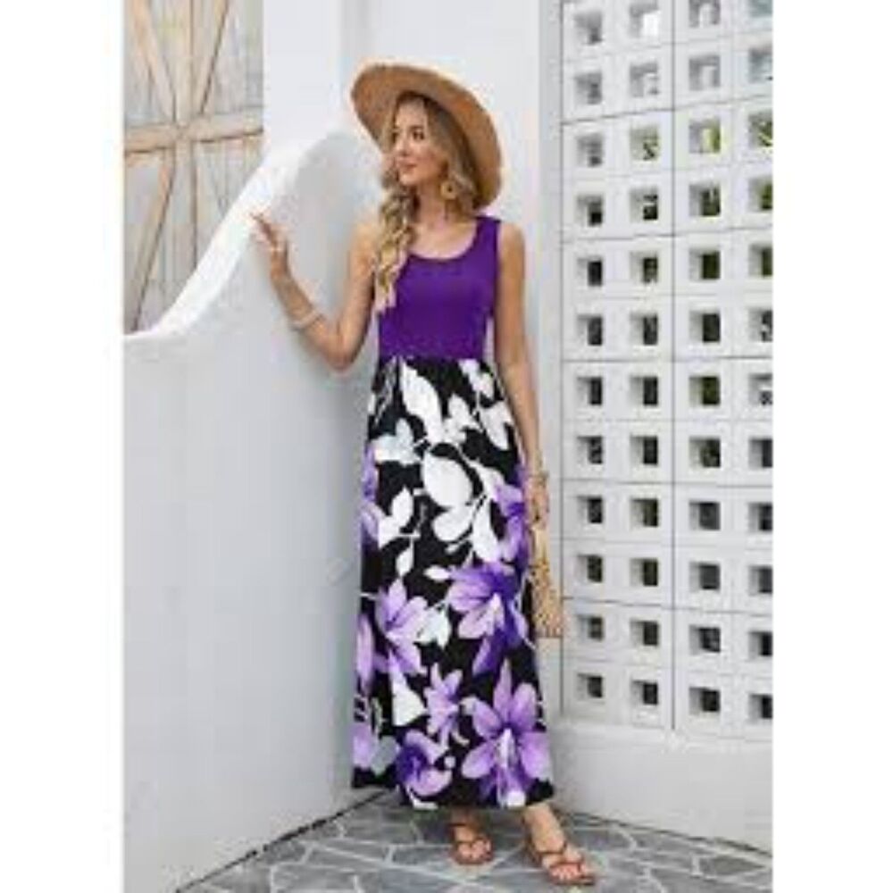 New NWT Purple Floral Boho sleeveless Maxi Dress Size XL Scoop Neck